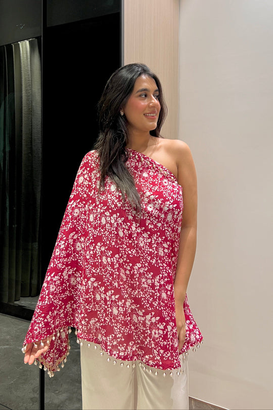 Rhea Red One Shoulder Batik Co-ord Set – front view | handcrafted batik ethnic wear for women | Shades of You