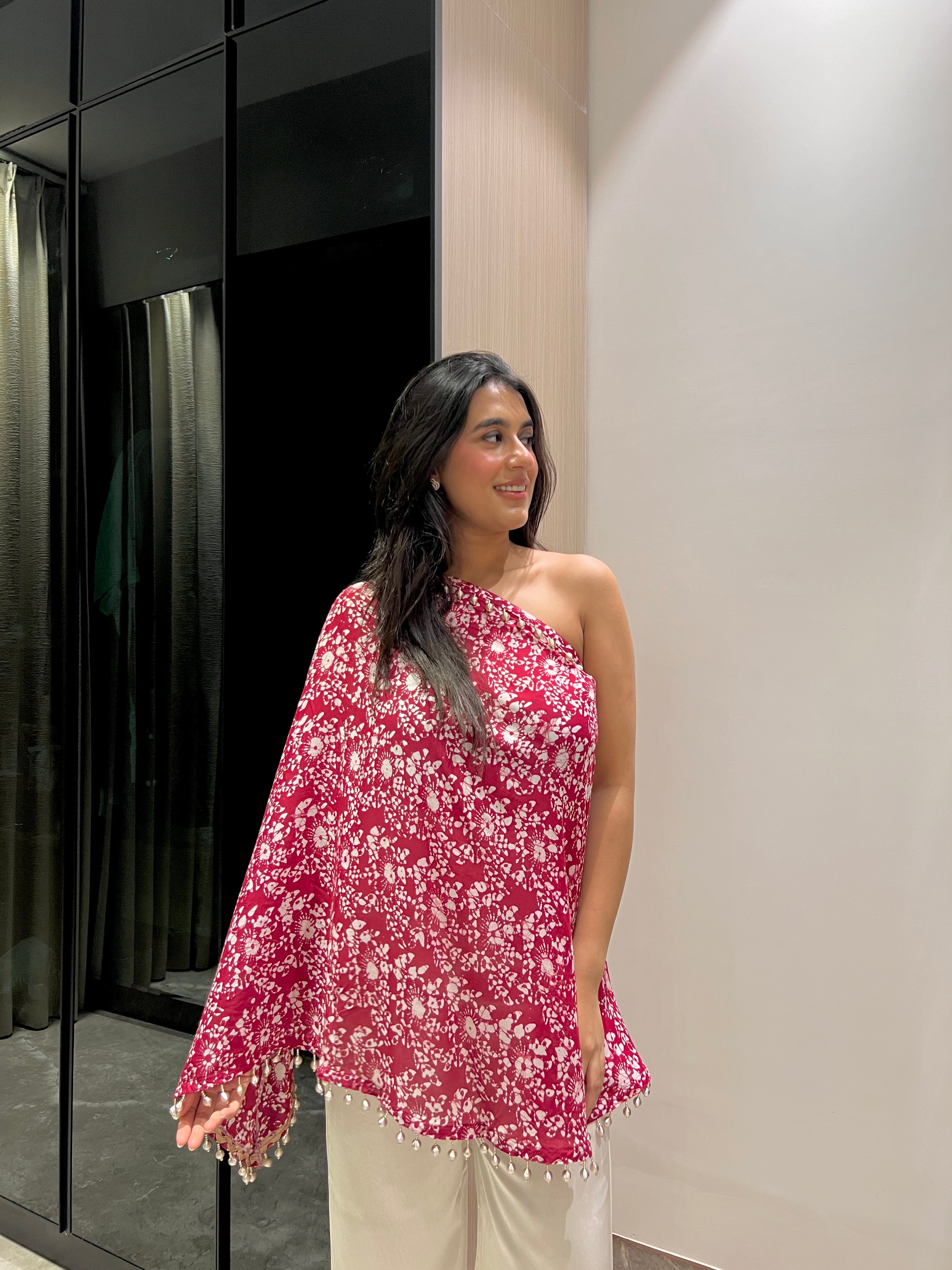 Rhea Red One Shoulder Batik Co-ord Set