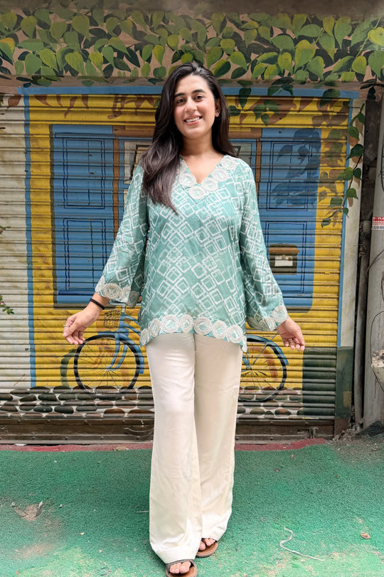 Olive Pure Ahimsa Silk Batik Tunic, front view | handcrafted batik ethnic wear for women | Shades of You, detail