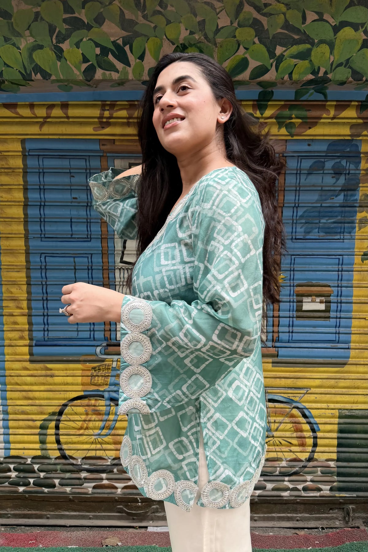 Olive Pure Ahimsa Silk Batik Tunic, sleeve and hem embroidery detail | handcrafted batik ethnic wear for women | Shades of You