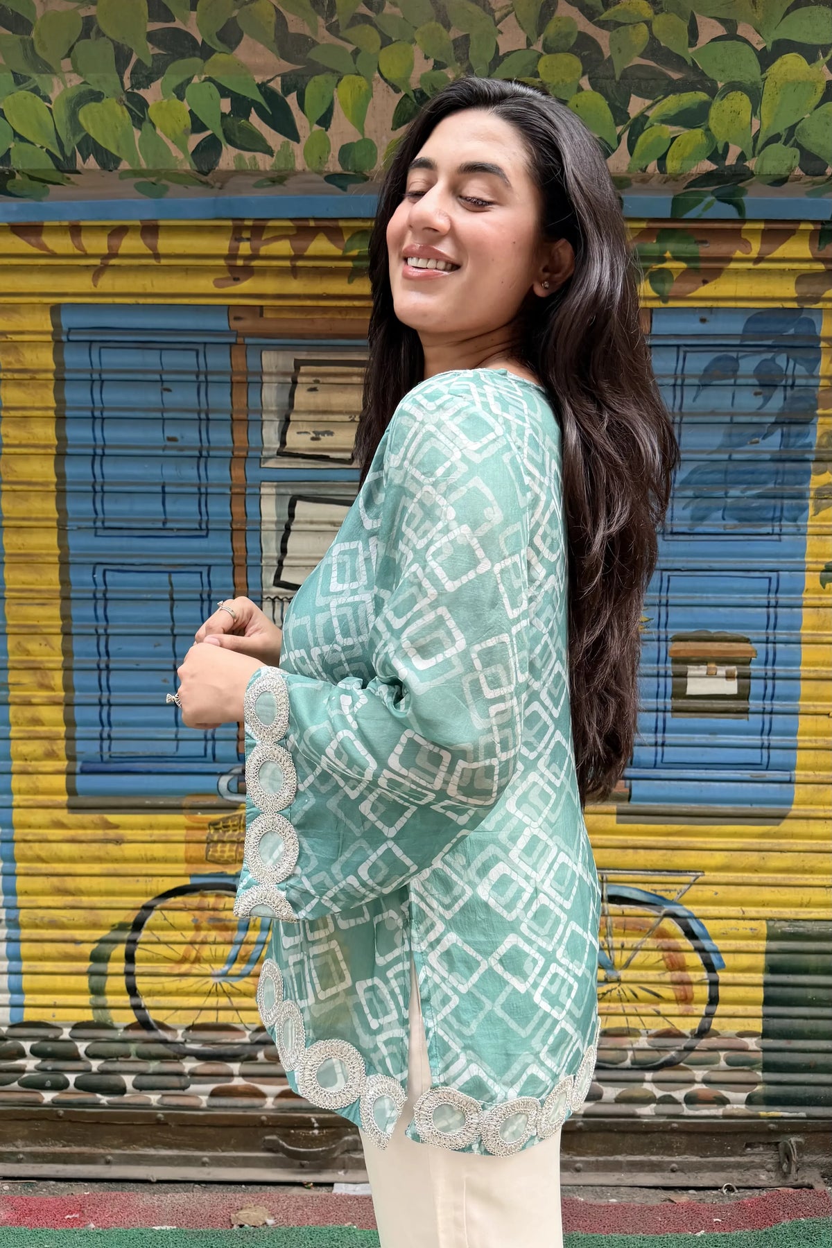 Olive Pure Ahimsa Silk Batik Tunic, side view | handcrafted batik ethnic wear for women | Shades of You
