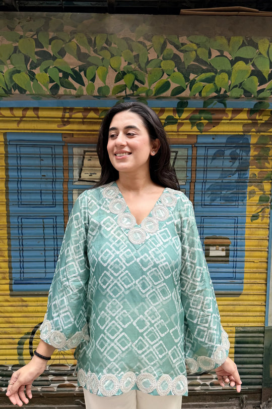 Olive Pure Ahimsa Silk Batik Tunic, neckline detail | handcrafted batik ethnic wear for women | Shades of You