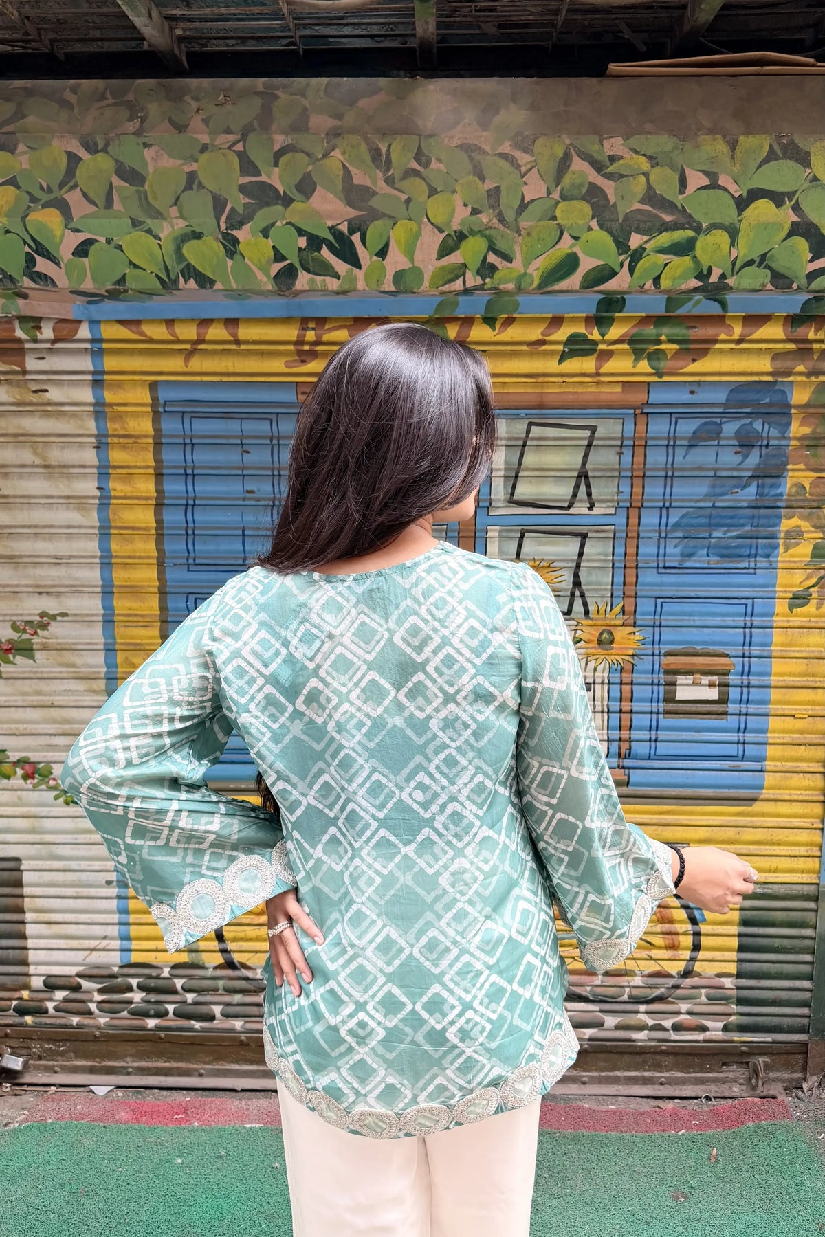 Olive Pure Ahimsa Silk Batik Tunic, back view | handcrafted batik ethnic wear for women | Shades of You