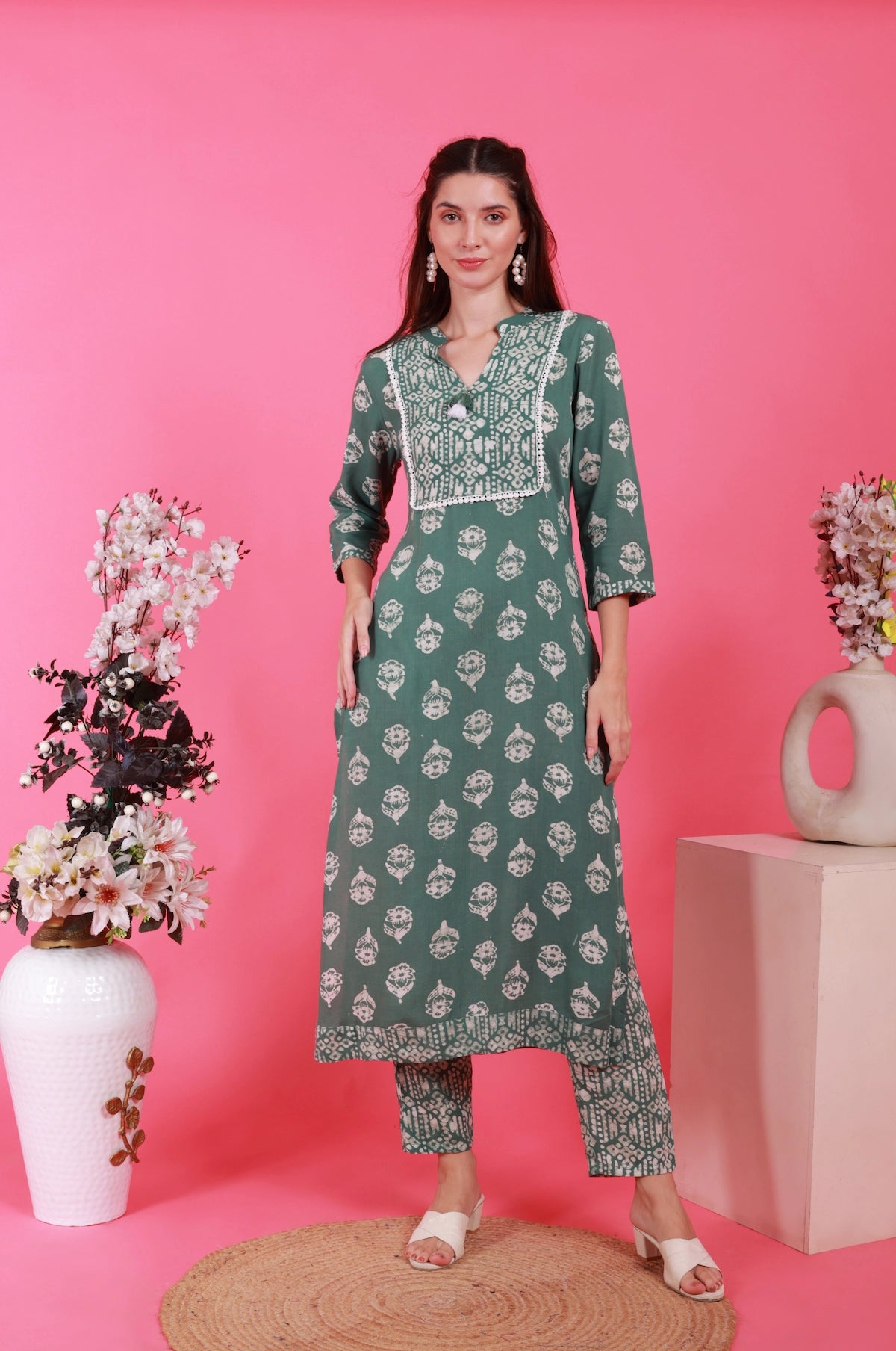 Batik Olive Bloom Set – front view | handcrafted batik ethnic wear for women | Shades of You
