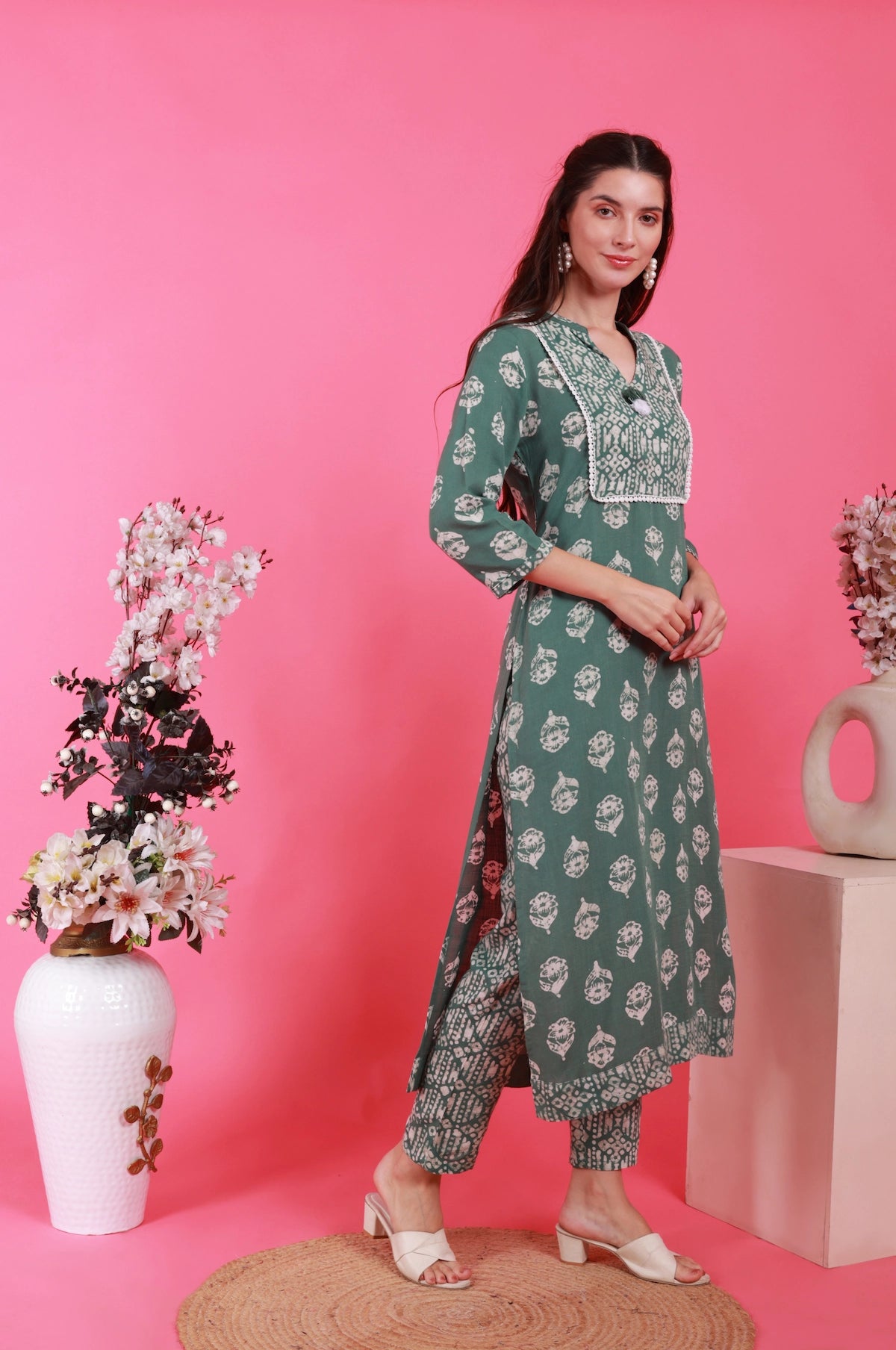 Batik Olive Bloom Set – styled look | handcrafted batik ethnic wear for women | Shades of You