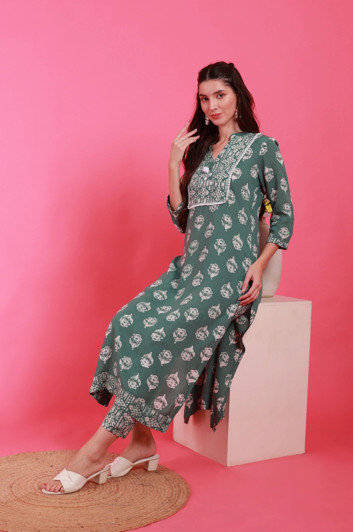 Batik Olive Bloom Set – back view | handcrafted batik ethnic wear for women | Shades of You
