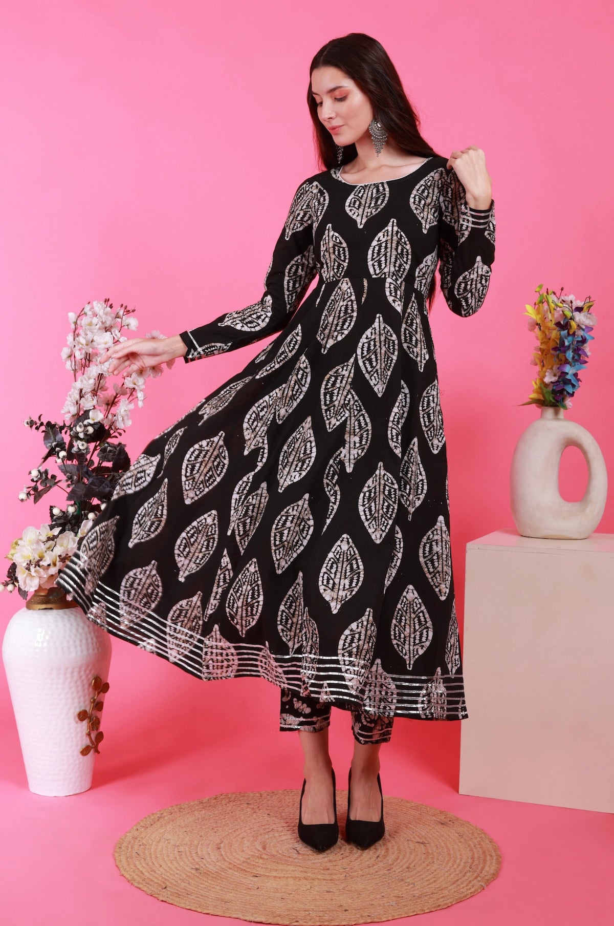 Petal Anarkali Set in Batik - Black – model closeup | handcrafted batik ethnic wear for women | Shades of You