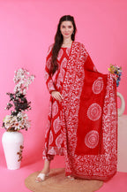 Petal Anarkali Set in Batik - Red