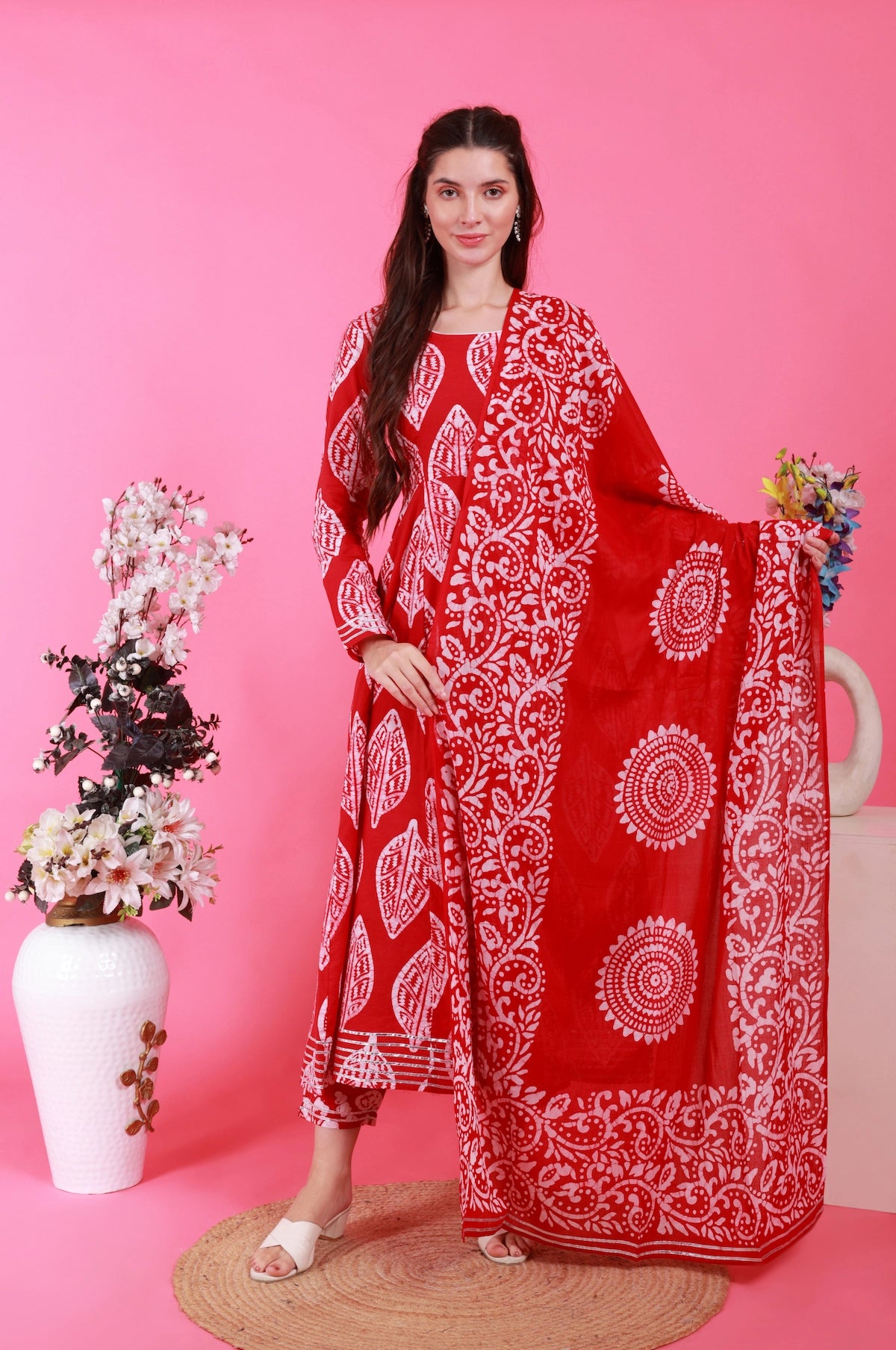 Petal Anarkali Set in Batik - Red