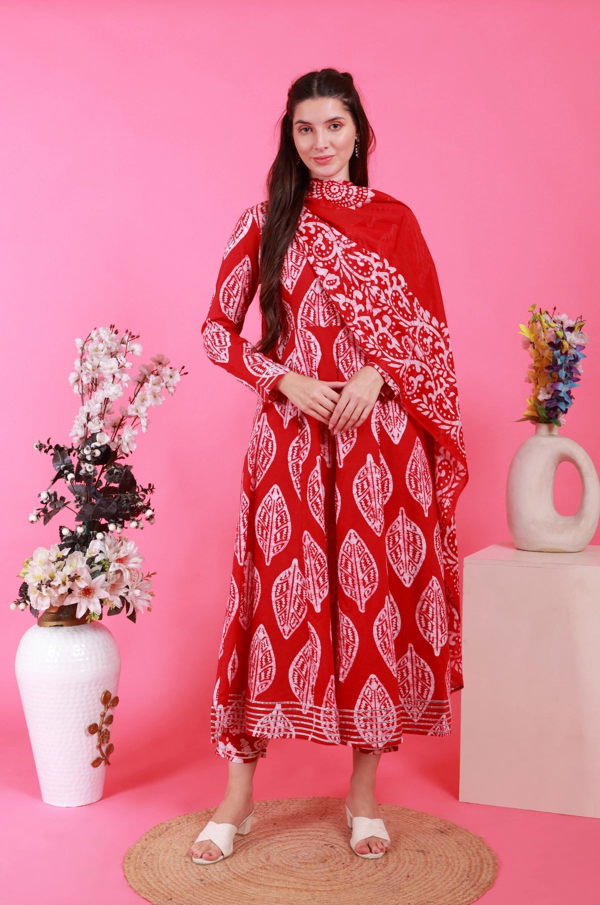 Petal Anarkali Set in Batik - Red