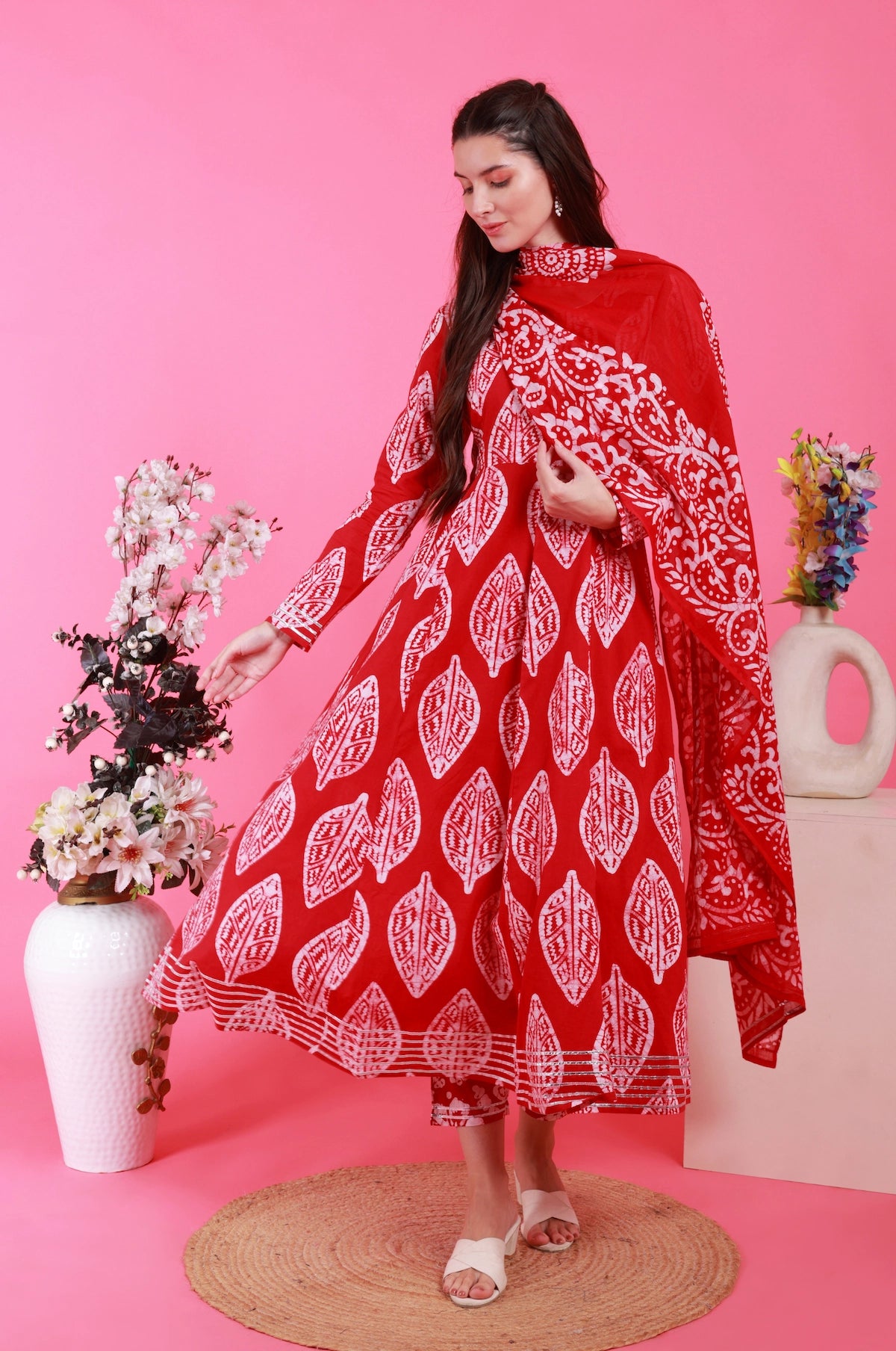 Petal Anarkali Set in Batik - Red