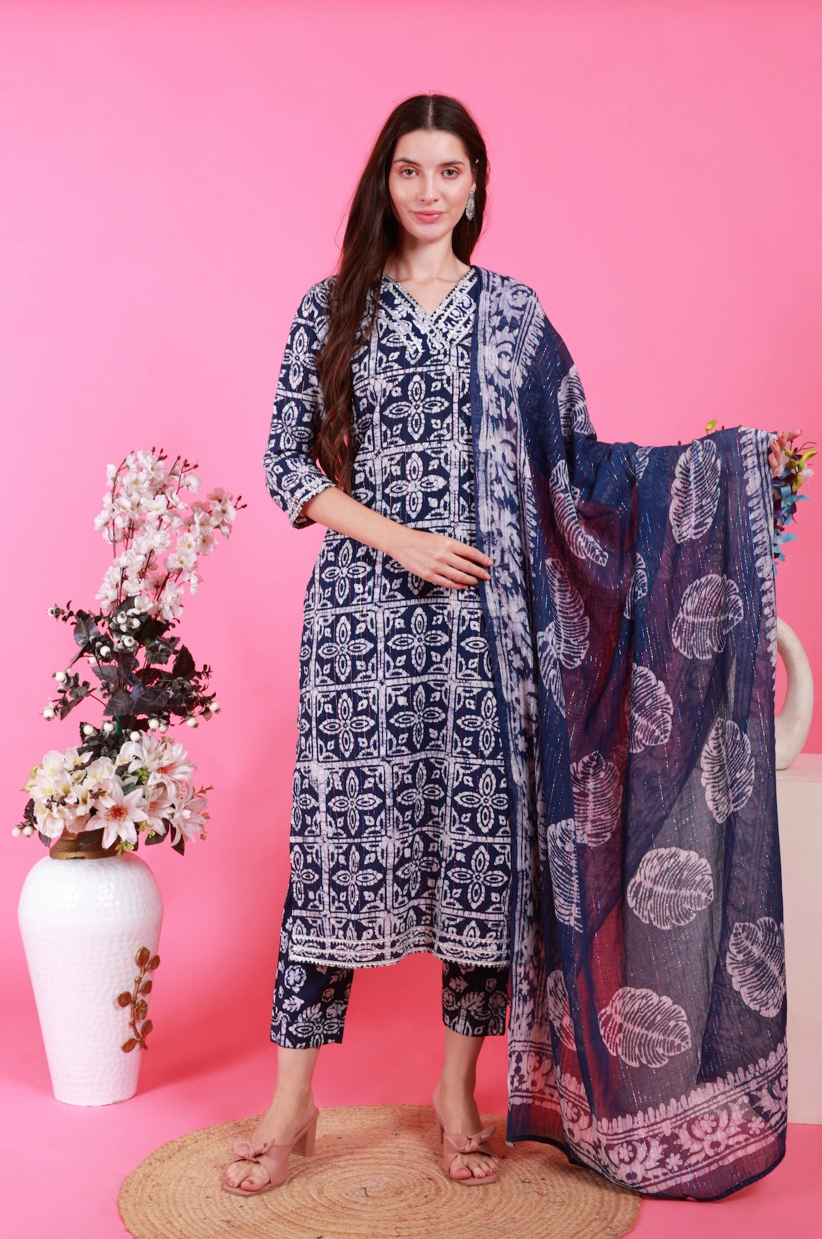 Batik Gota Lurex Suit Set - Navy