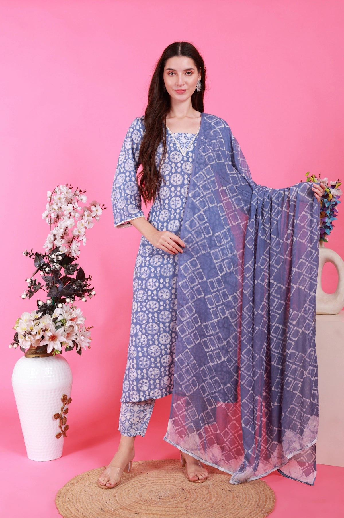 Blue Handprinted Batik Suit Set