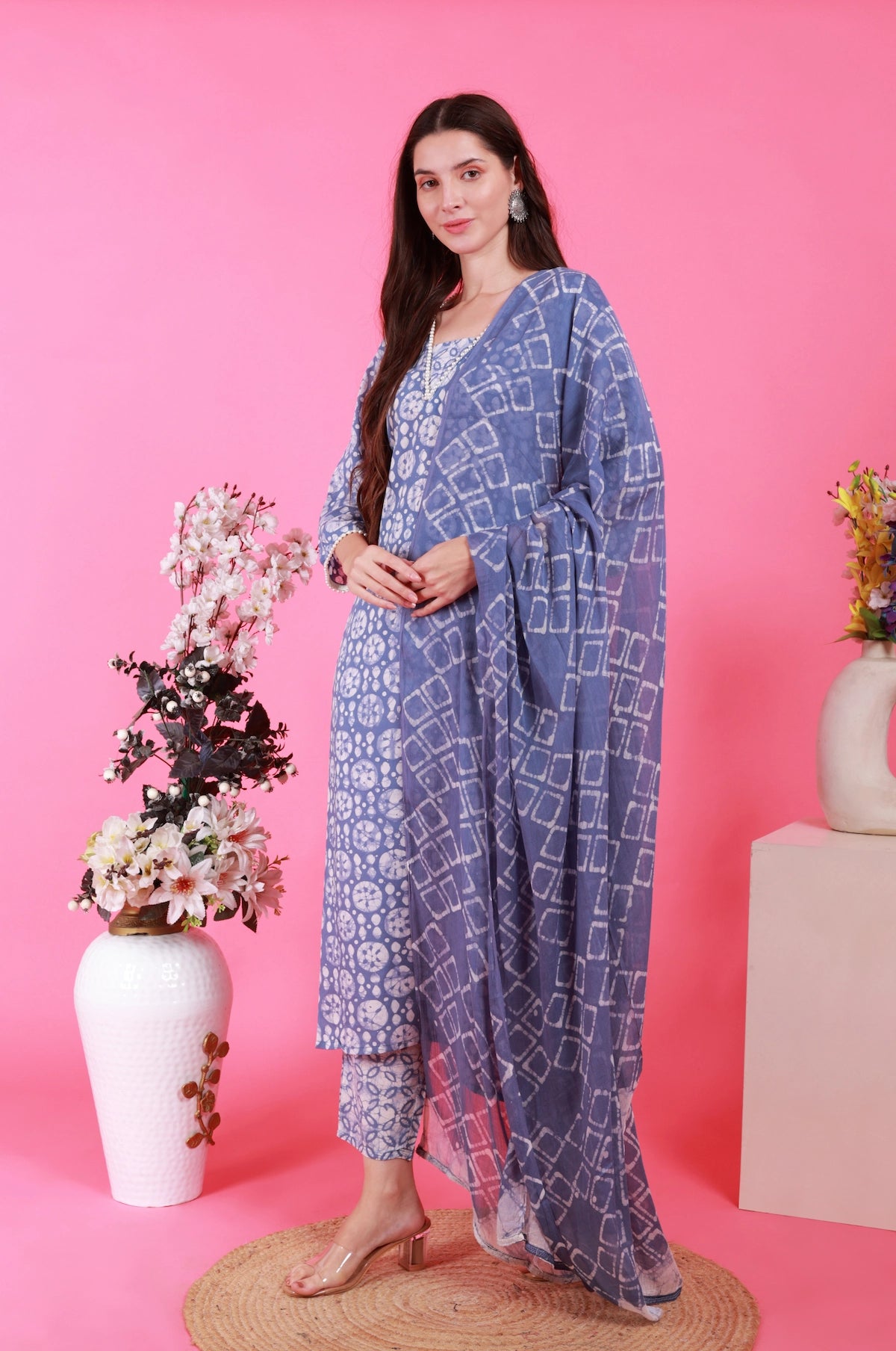 Blue Handprinted Batik Suit Set
