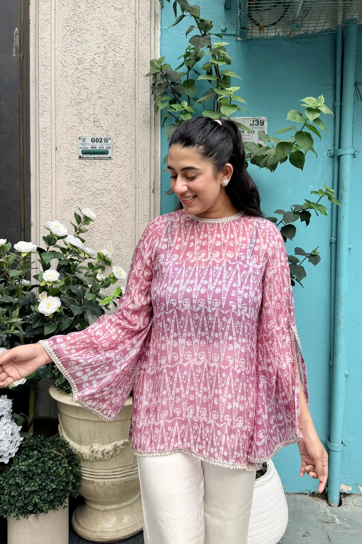 Soft Pink Pure Ahimsa Silk Batik Tunic, side view | handcrafted batik ethnic wear for women | Shades of You