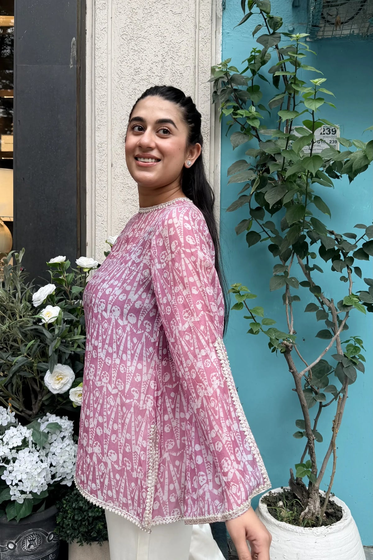 Soft Pink Pure Ahimsa Silk Batik Tunic, model closeup | handcrafted batik ethnic wear for women | Shades of You