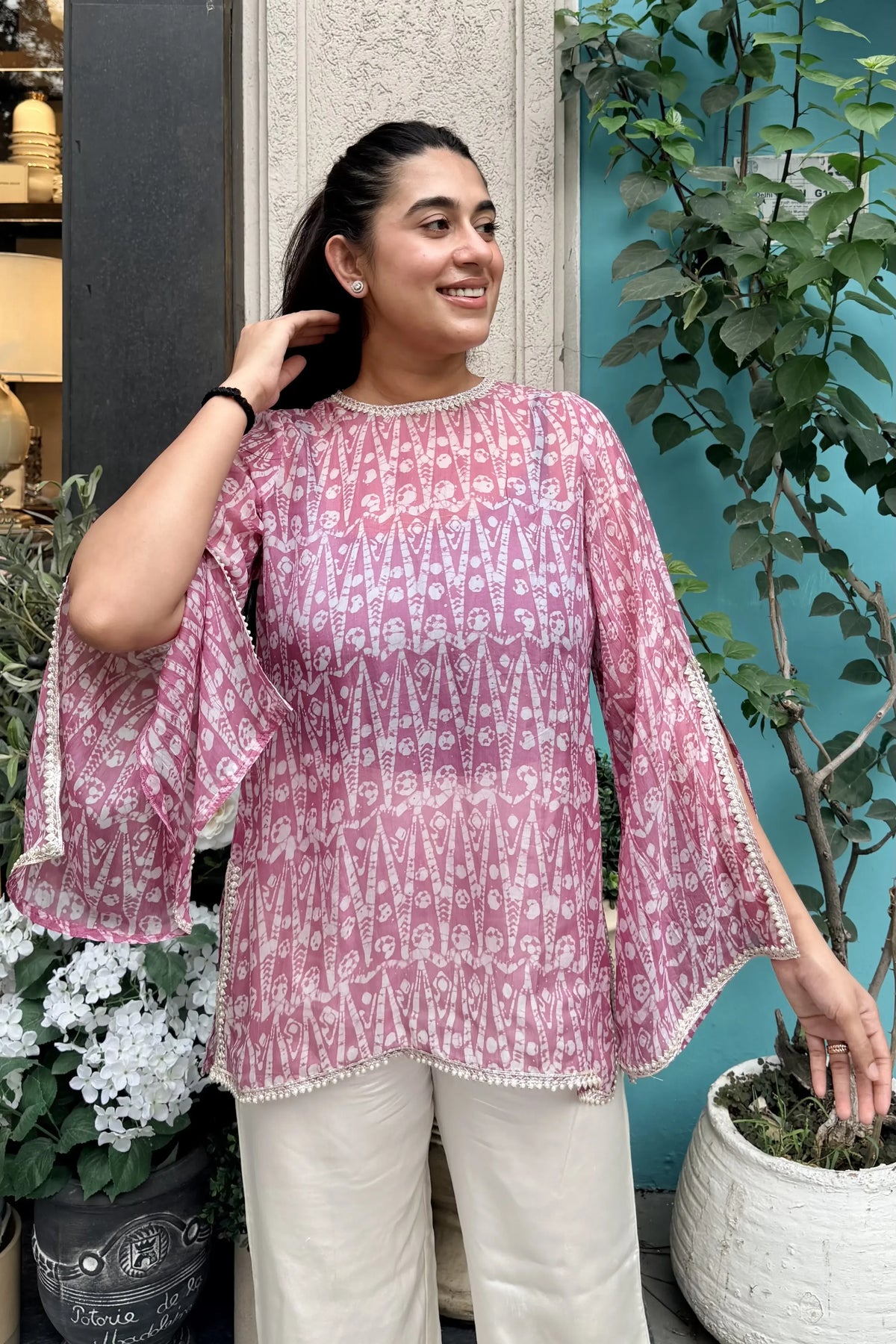 Soft Pink Pure Ahimsa Silk Batik Tunic, portrait closeup | handcrafted batik ethnic wear for women | Shades of You