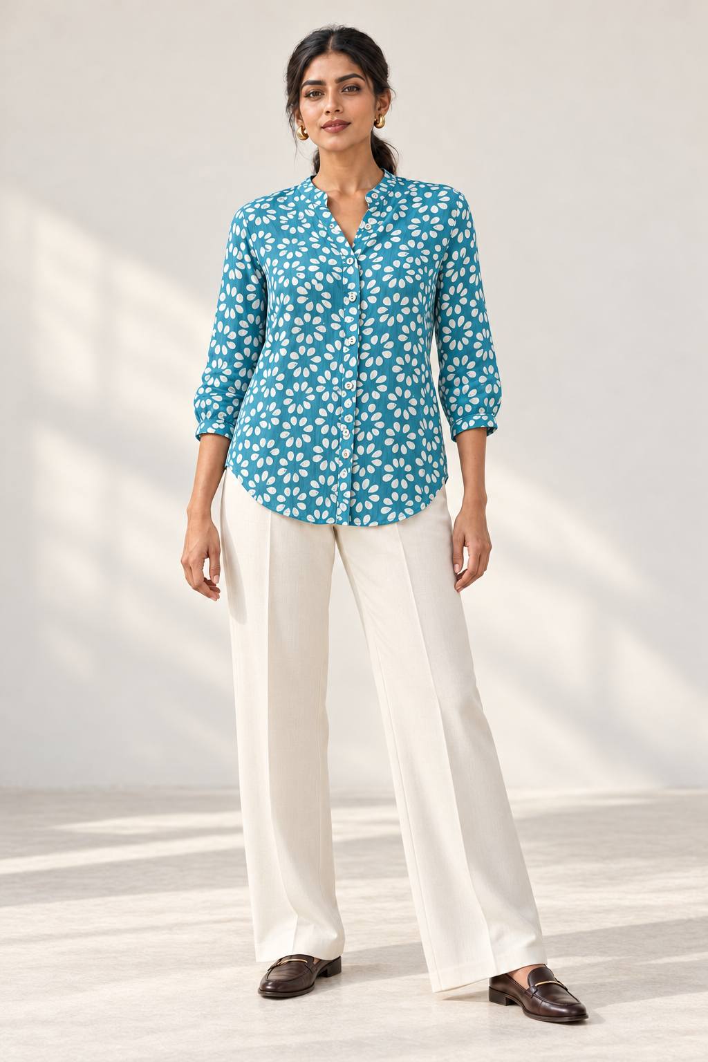 Teal Batik Crush Crepe Shirt - front view