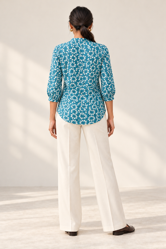 Teal Batik Crush Crepe Shirt - back view, detail