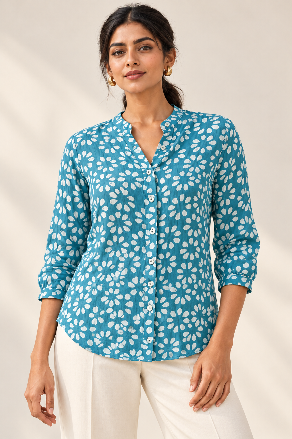 Teal Batik Crush Crepe Shirt - close-up detail