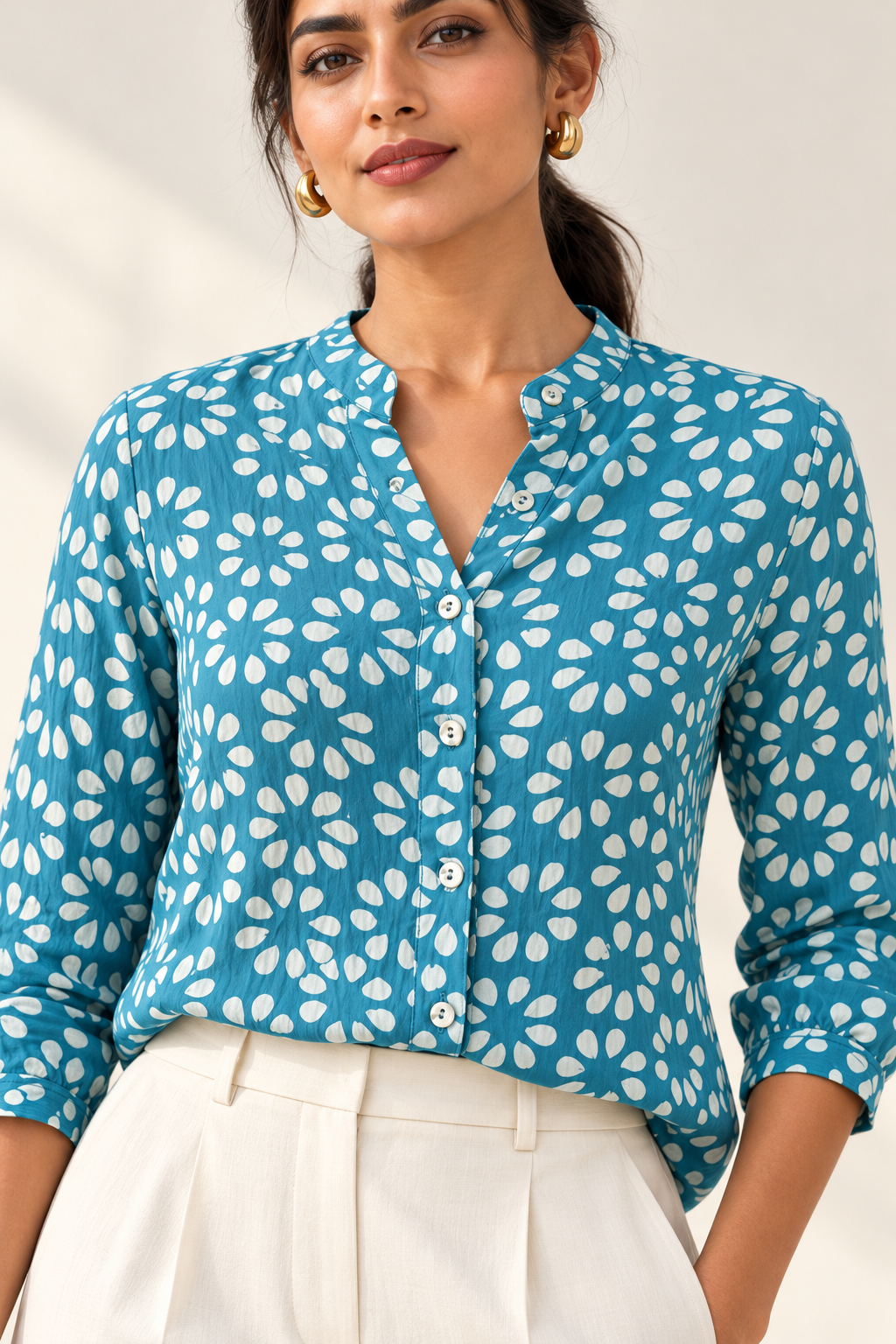 Teal Batik Crush Crepe Shirt - full length with trousers