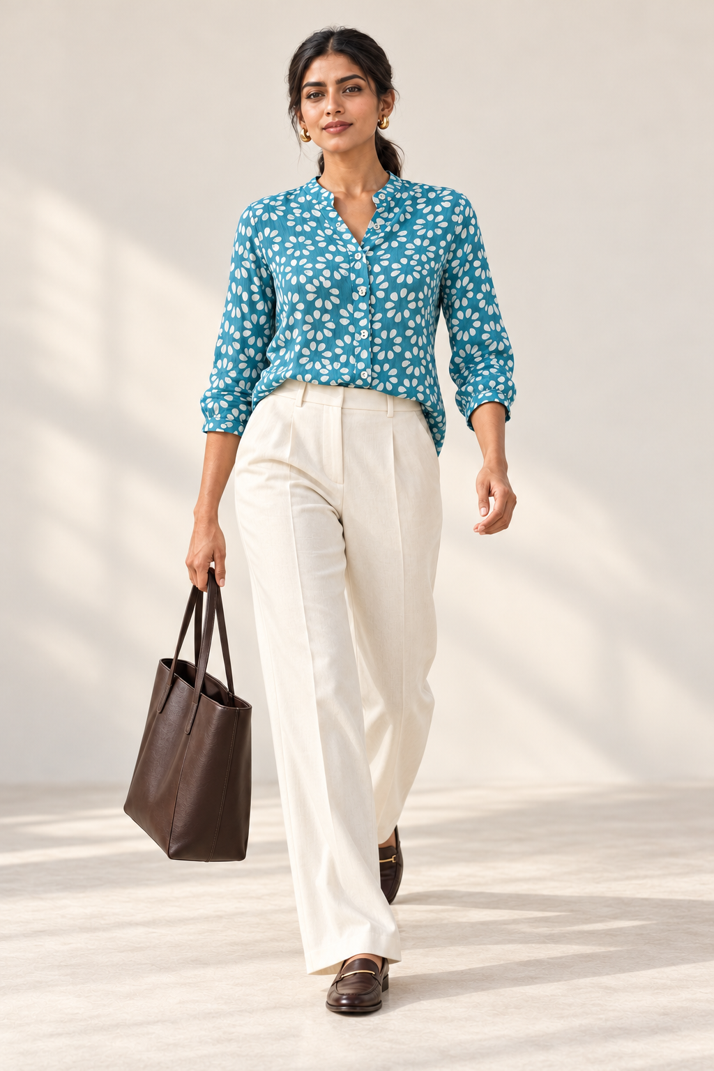 Teal Batik Crush Crepe Shirt - styled with white trousers and tote