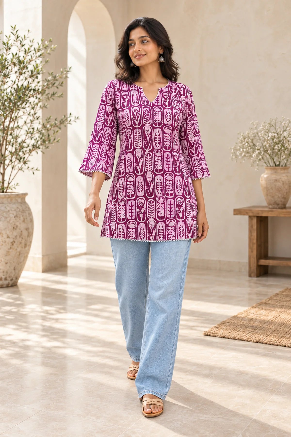 Cotton satin tunic in wine batik with silver gota lace, front view, styled with light blue jeans