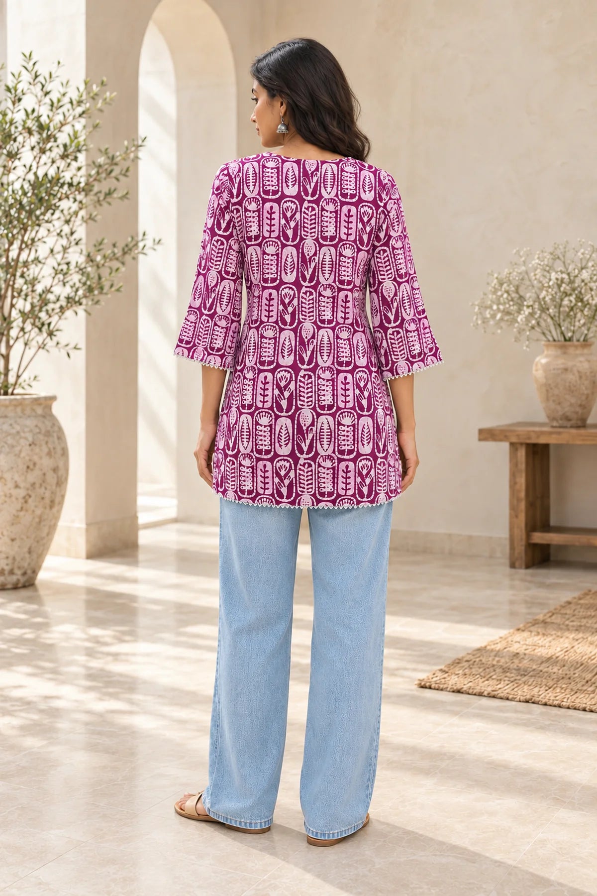 Wine batik cotton satin tunic, back view
