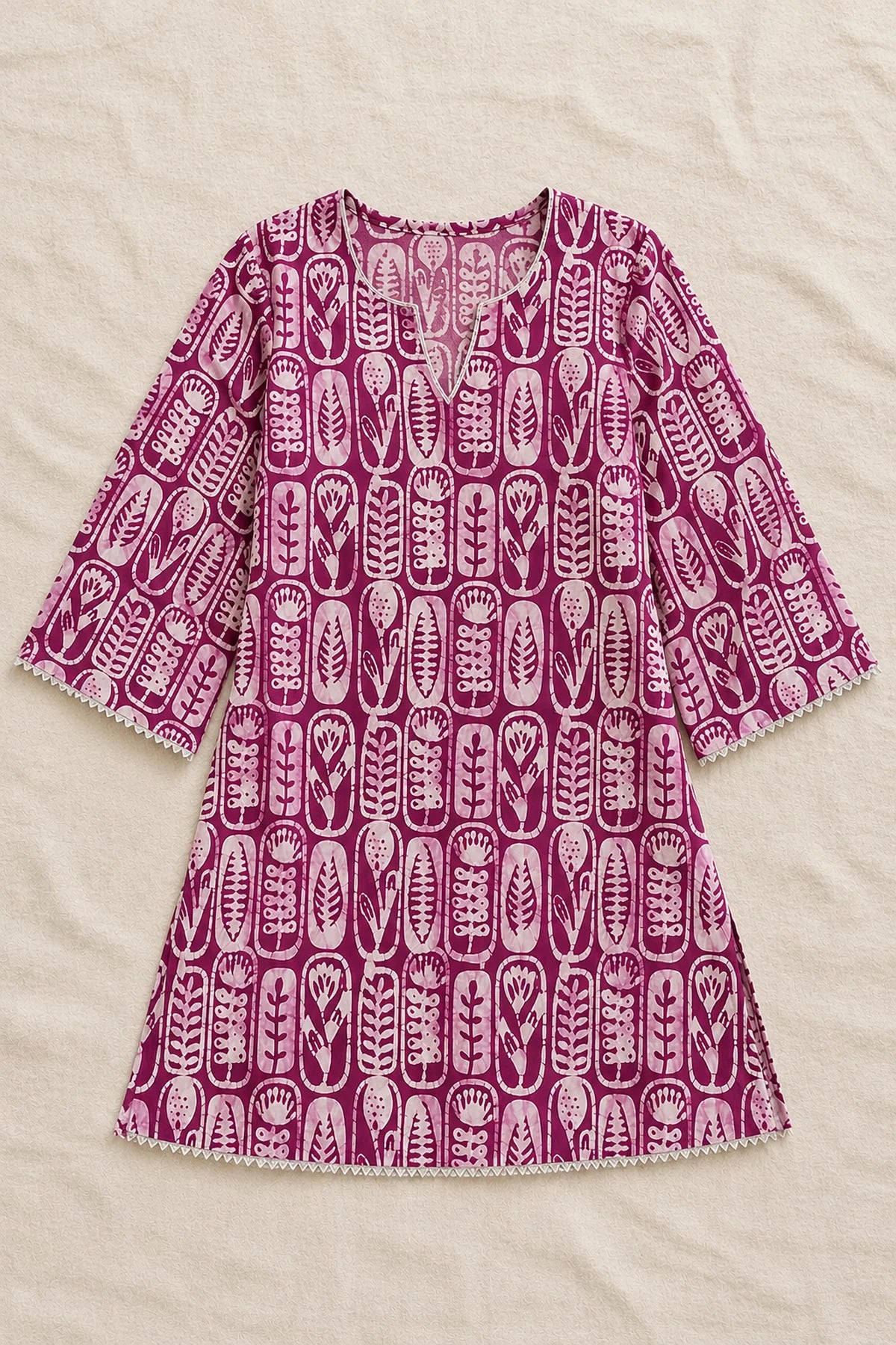 Wine batik tunic flat lay with silver gota lace on neckline, sleeves and hem