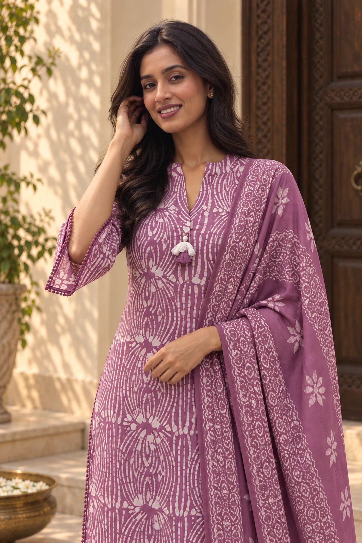 Lavender batik kurta with mandarin collar and tassel, dupatta over one shoulder