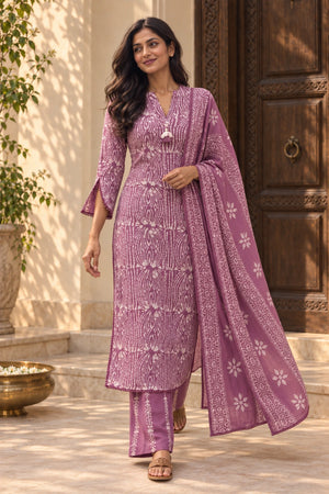 Woman in lavender Deewani batik kurta set with palazzo and dupatta, full length