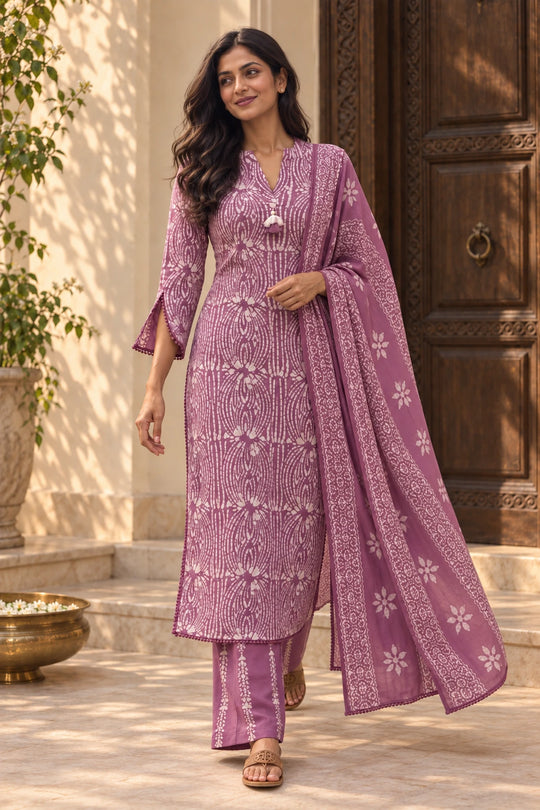 Woman in lavender Deewani batik kurta set with palazzo and dupatta, full length
