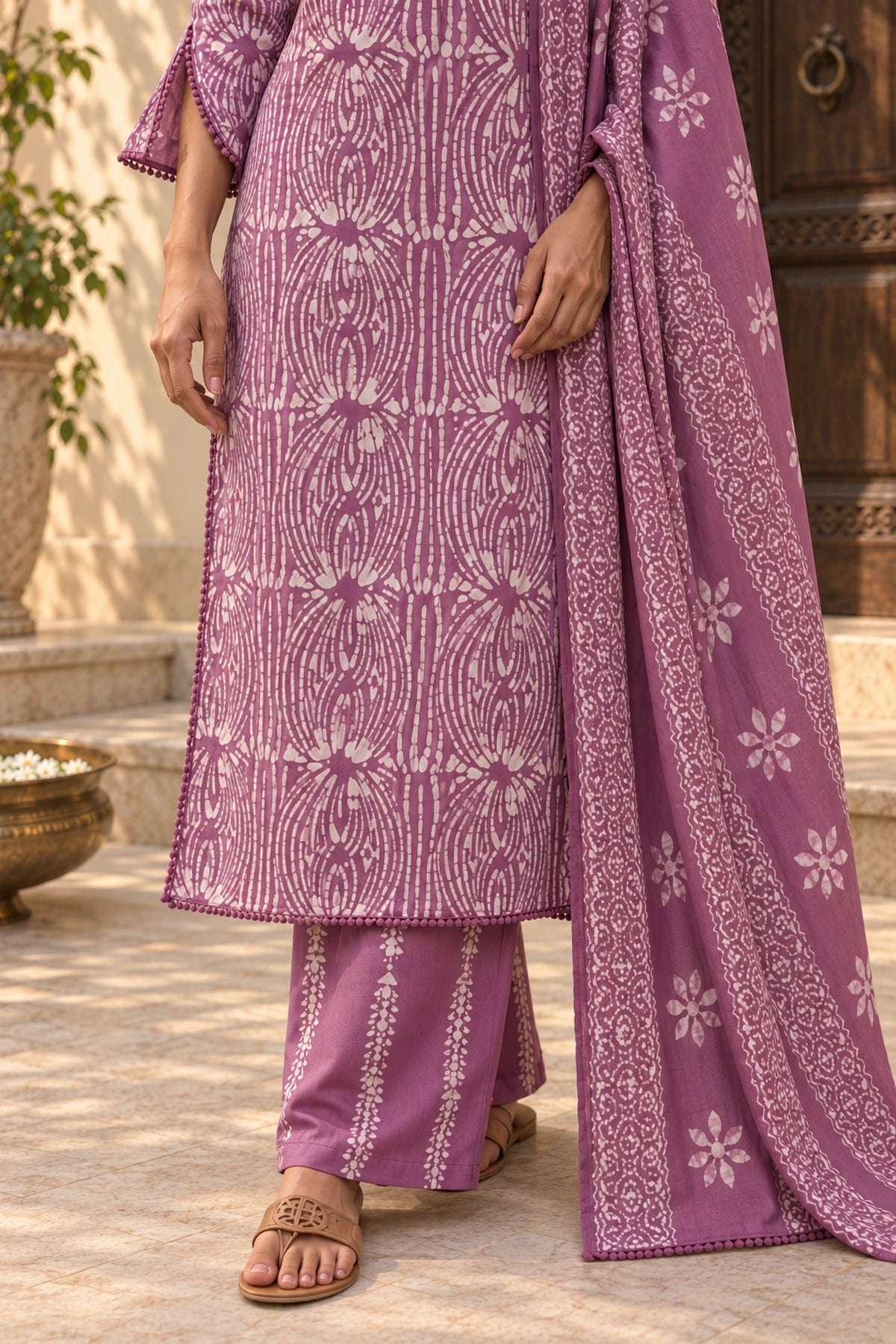 Lavender batik palazzo and dupatta border, seen from the waist down