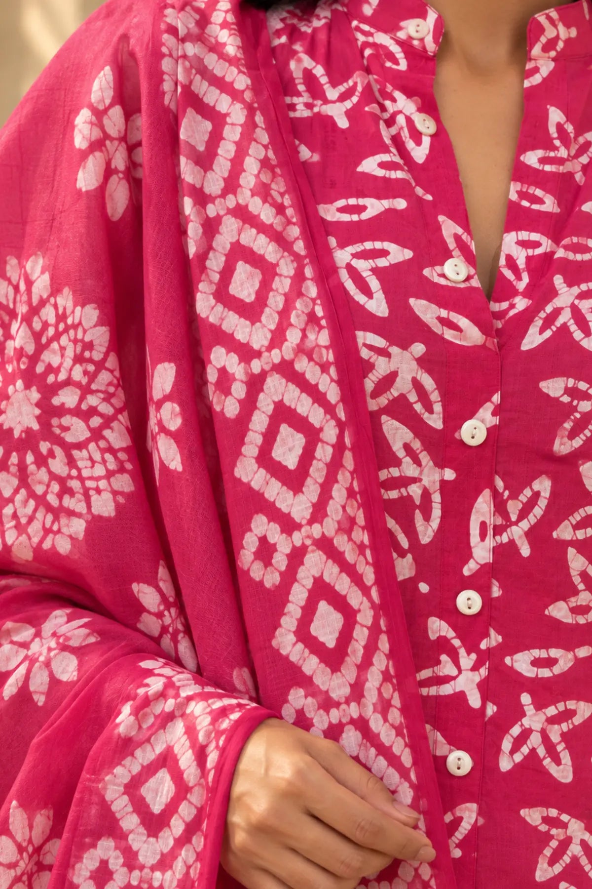 Batik Handprinted Peach Celebration – dupatta drape detail | handcrafted batik ethnic wear for women | Shades of You