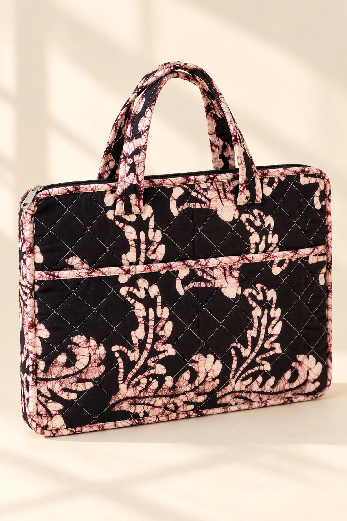 Quilted Batik Laptop Bag in Black Blush Leaf print – front view | Shades of You