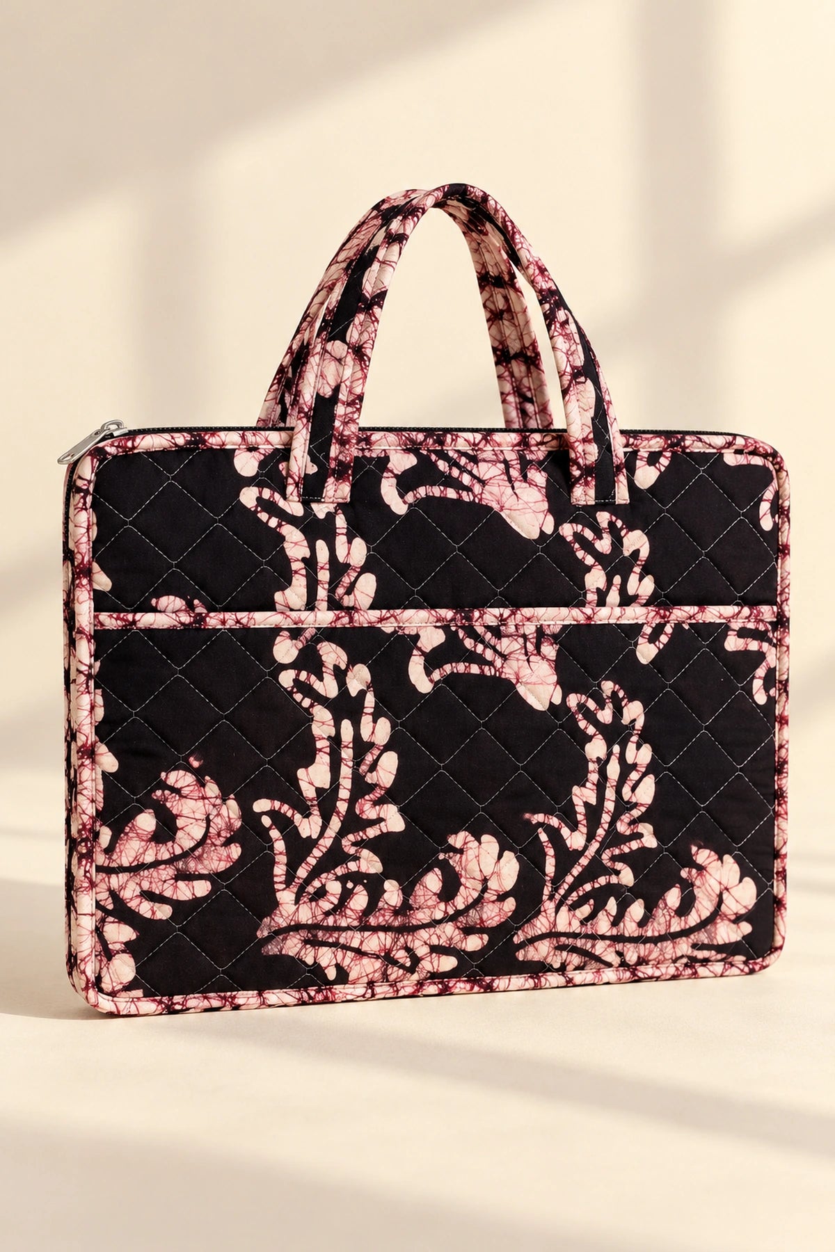Quilted Batik Laptop Bag in Black Blush Leaf print – back view | Shades of You