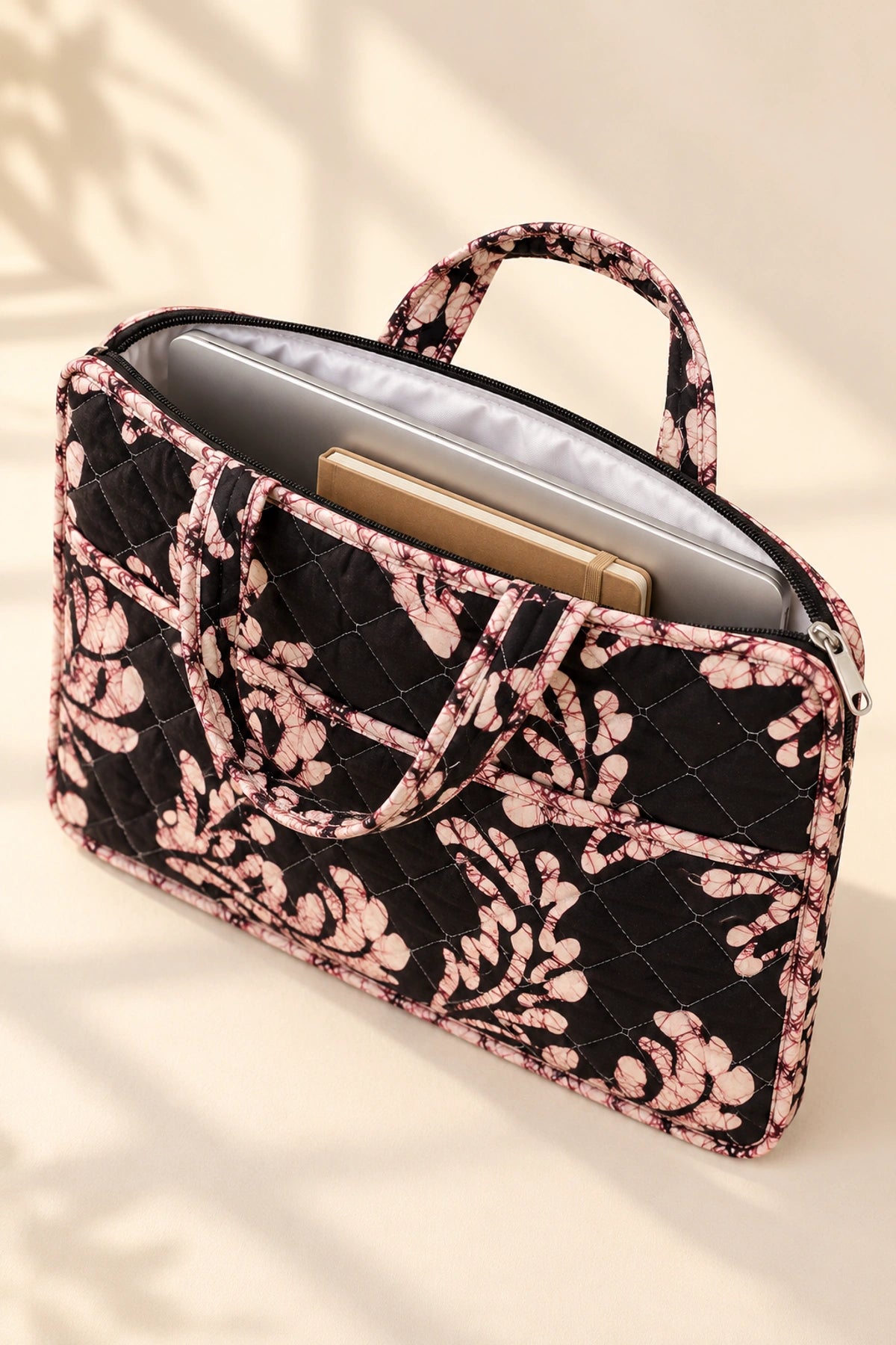 Quilted Batik Laptop Bag in Black Blush Leaf print – open, showing the lined interior | Shades of You