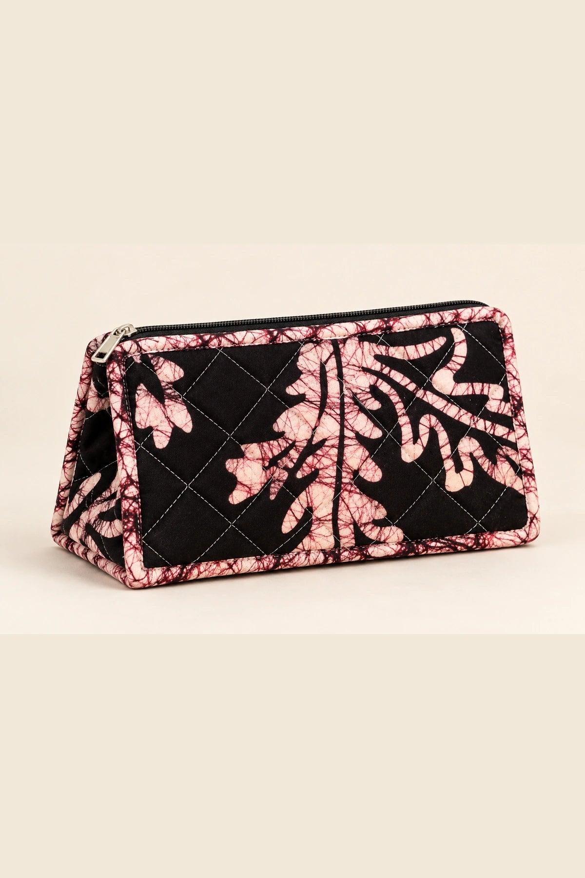 Quilted Batik Makeup Pouch in Black Blush Leaf print – front view | Shades of You
