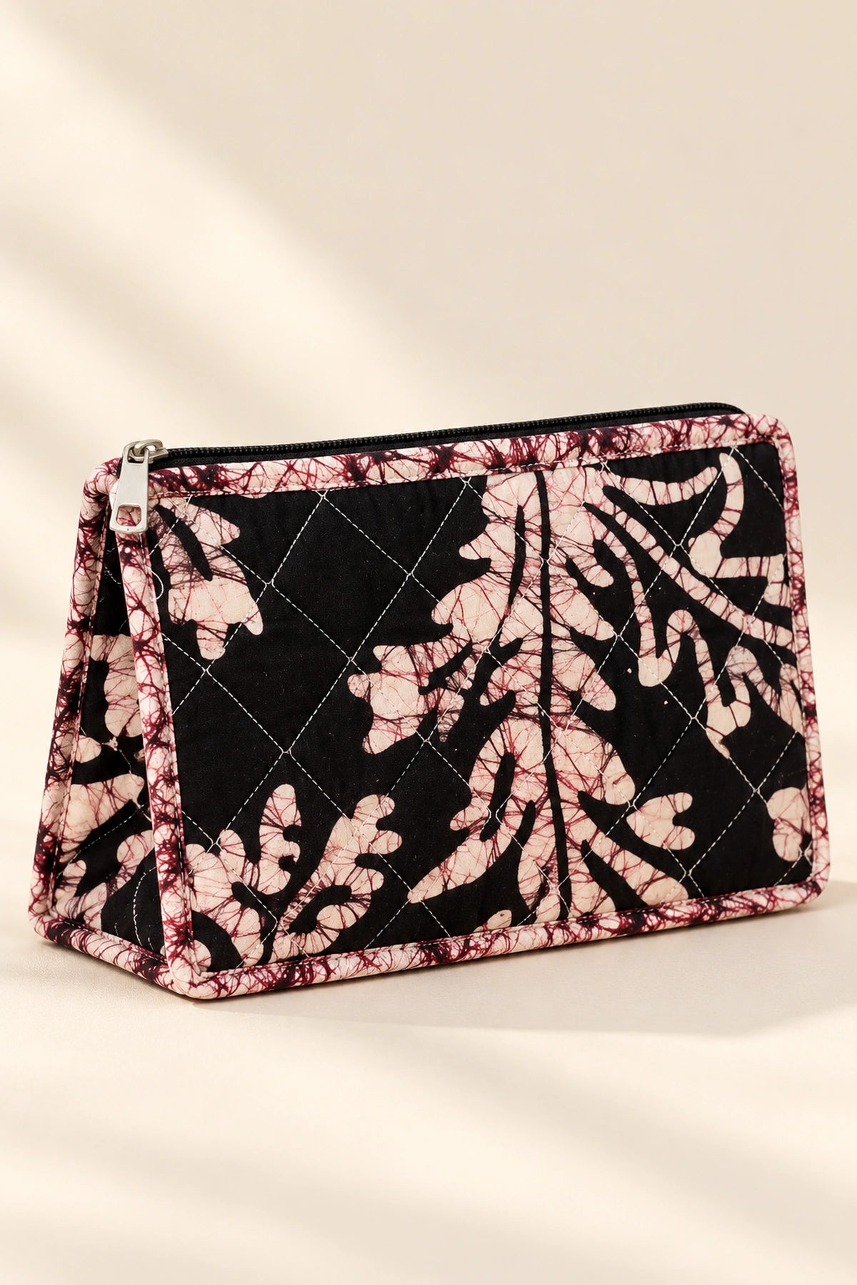 Quilted Batik Makeup Pouch in Black Blush Leaf print – back view | Shades of You