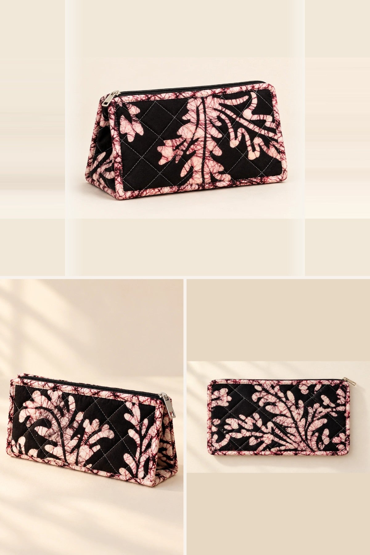 Black Blush Leaf Pouch Trio: makeup, utility and small pouch, in one batik print | Shades of You