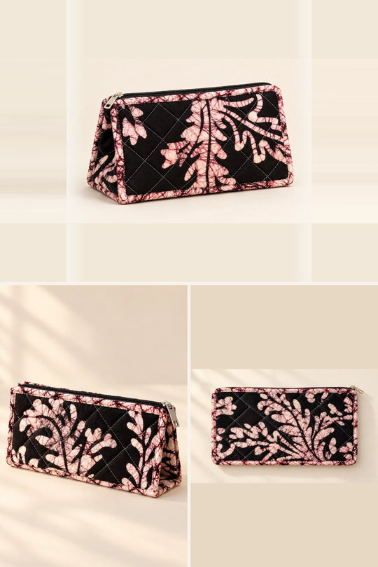 Black Blush Leaf Pouch Trio: makeup, utility and small pouch, in one batik print | Shades of You