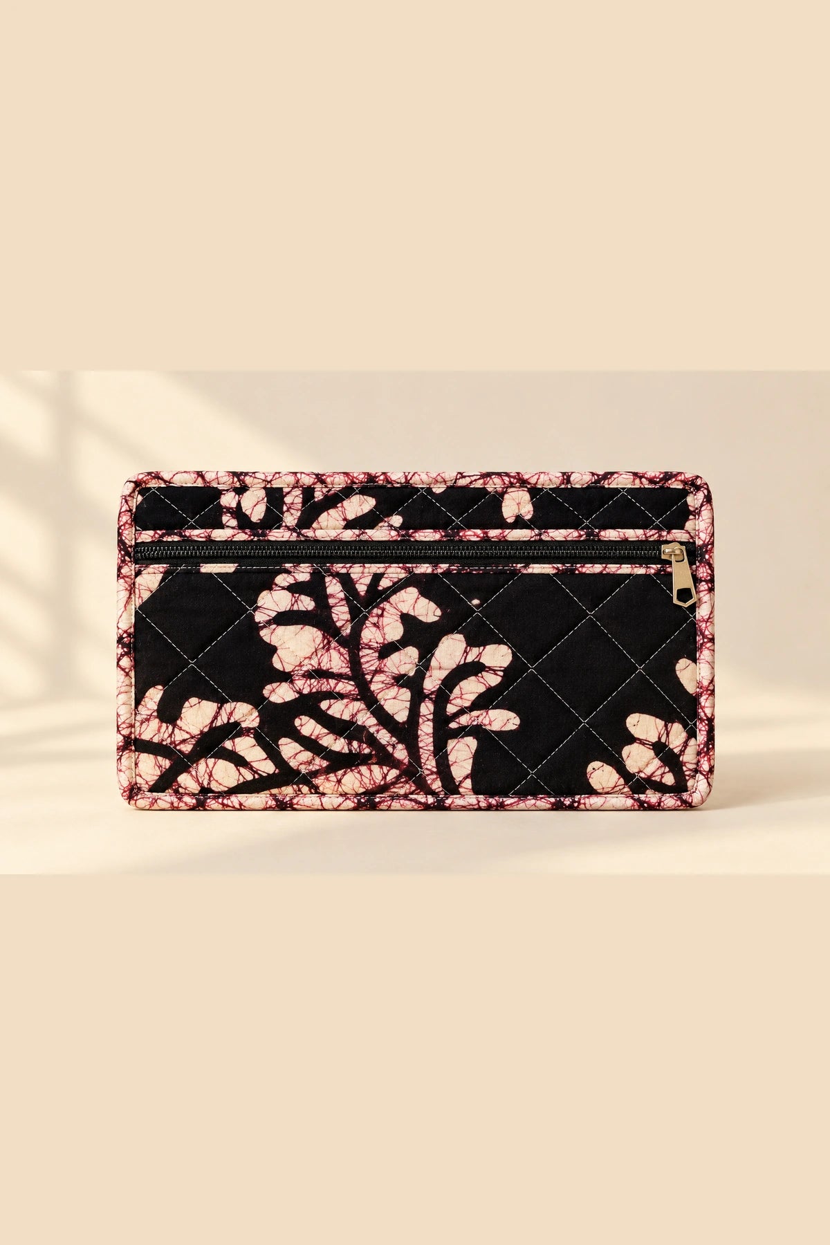 Quilted Batik Small Pouch in Black Blush Leaf print – back view | Shades of You