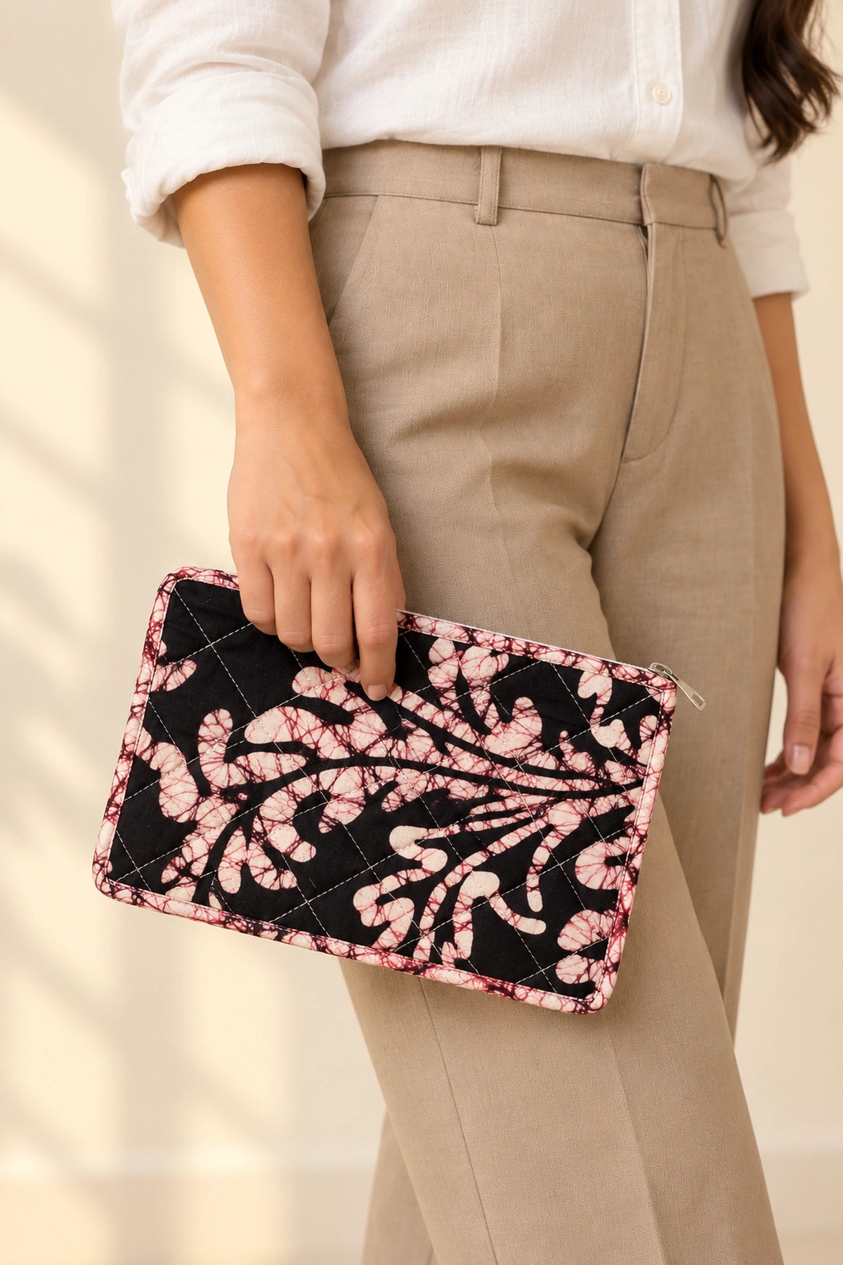 Quilted Batik Small Pouch in Black Blush Leaf print – held in hand | Shades of You