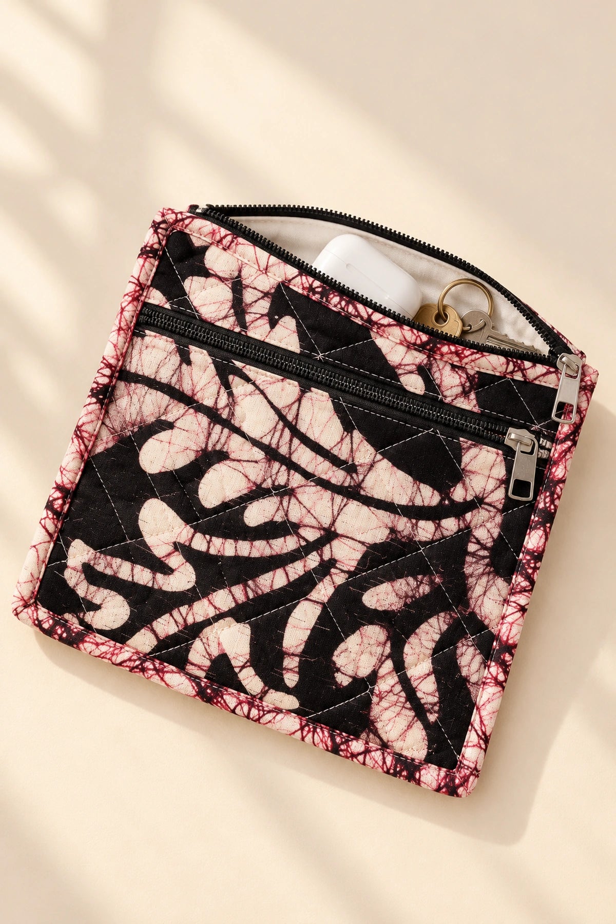 Coin Pouch in Black Blush Leaf print – open, showing the lined interior | Shades of You