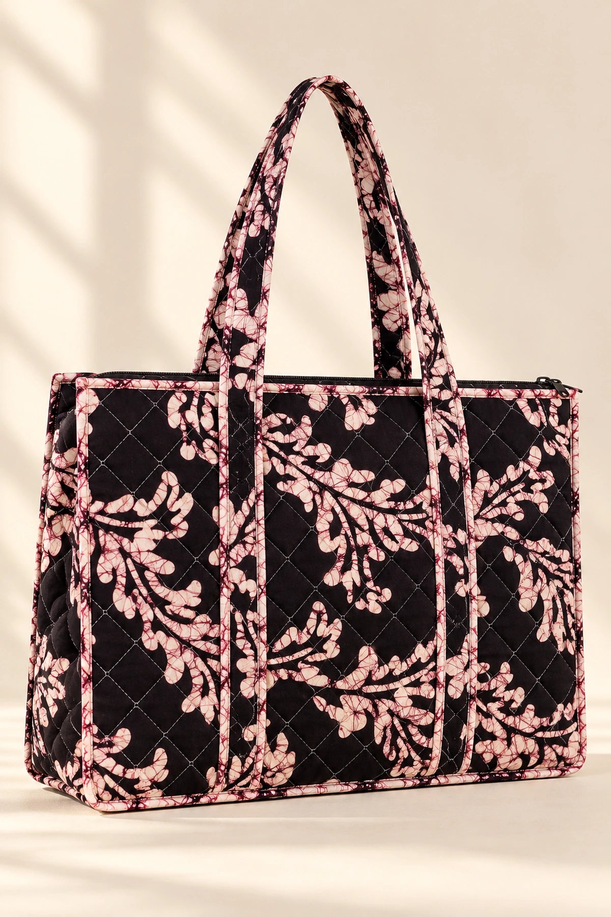 Quilted Batik Tote Bag in Black Blush Leaf print – back view | Shades of You