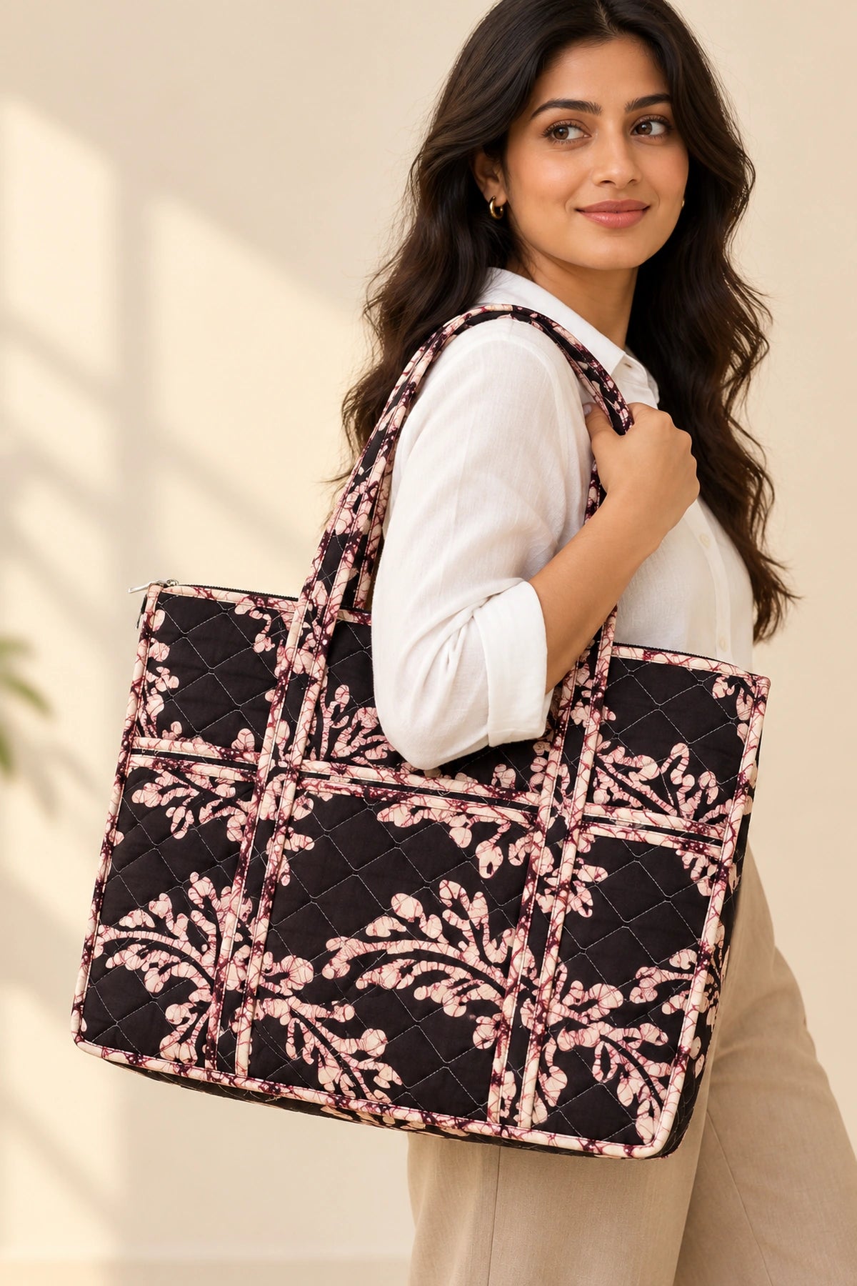 Quilted Batik Tote Bag in Black Blush Leaf print – held in hand | Shades of You