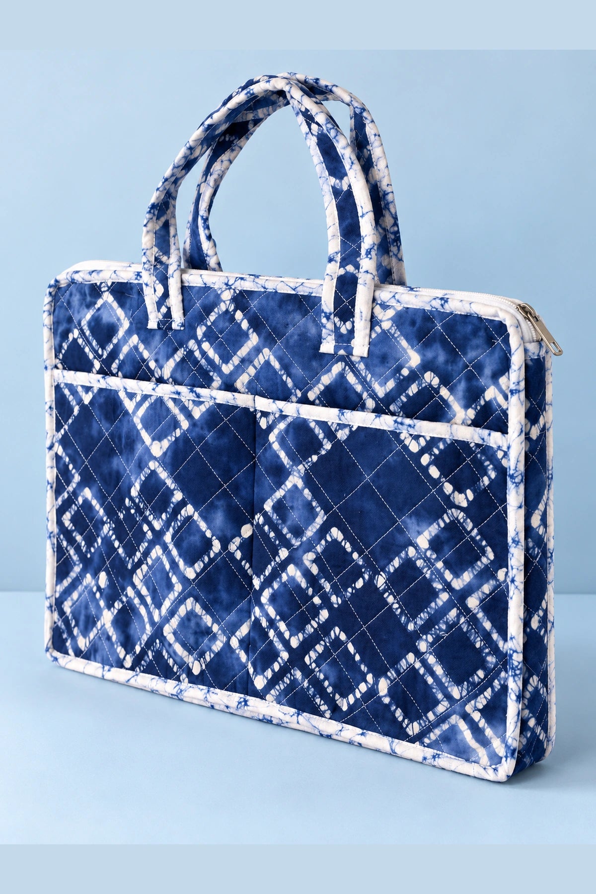 Quilted Batik Laptop Bag in Blue Shibori Check print – back view | Shades of You