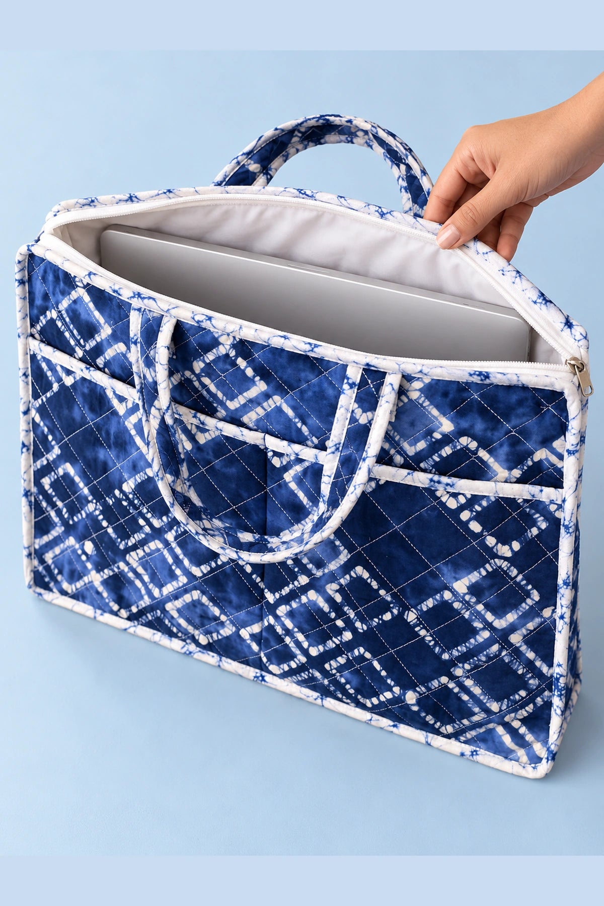 Quilted Batik Laptop Bag in Blue Shibori Check print – open, showing the lined interior | Shades of You