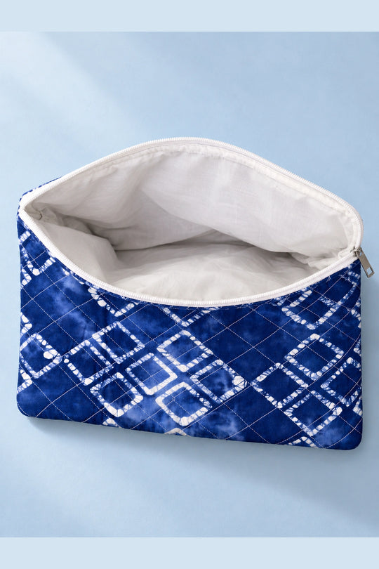 Quilted Batik Laptop Sleeve in Blue Shibori Check print – open, showing the lined interior | Shades of You, detail
