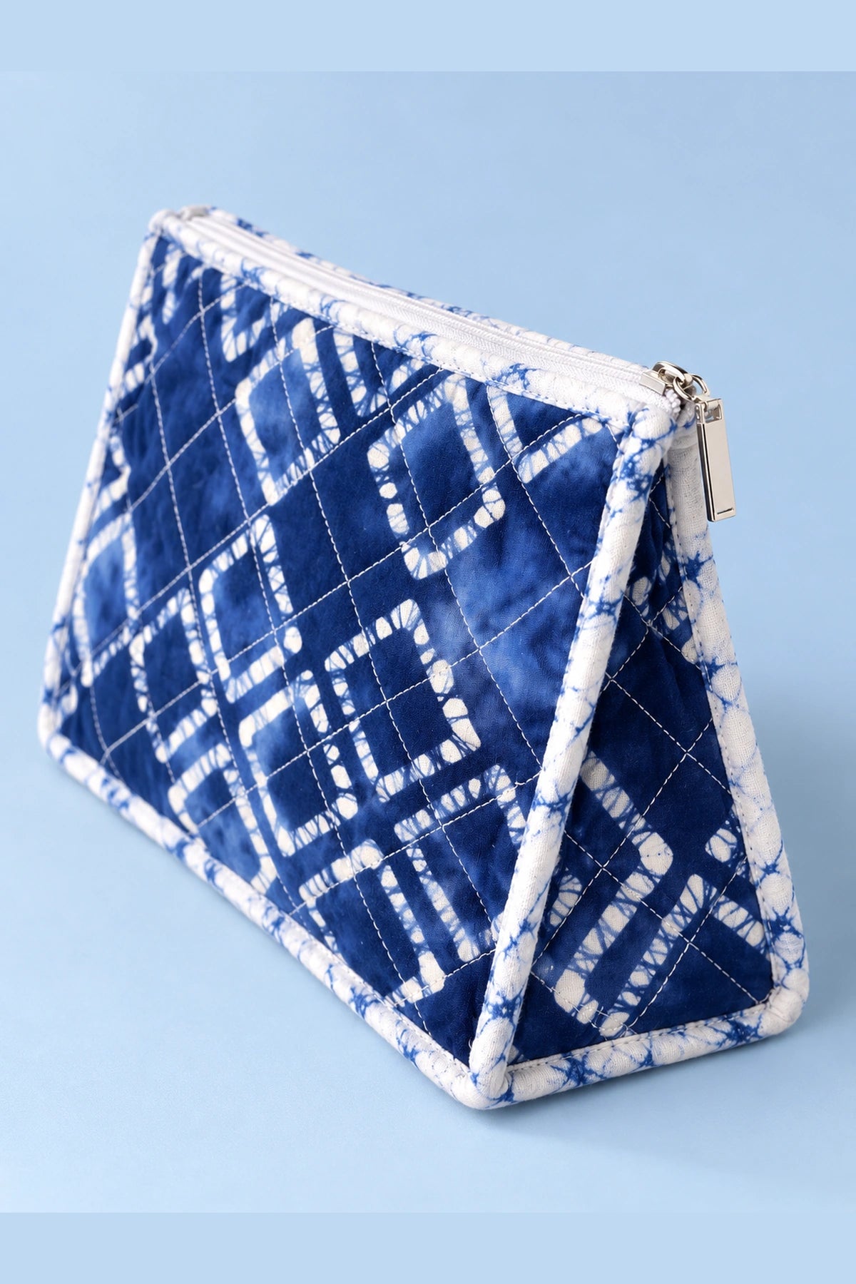Quilted Batik Makeup Pouch in Blue Shibori Check print – side view | Shades of You